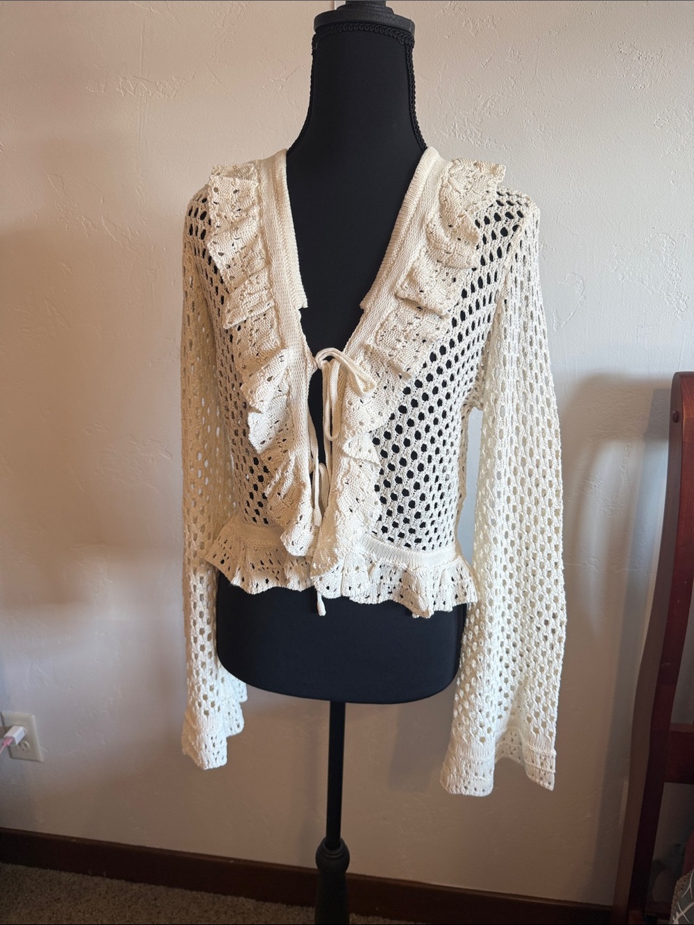 Lulu's Cream Crochet Ruffle Tie-Neck Cardigan